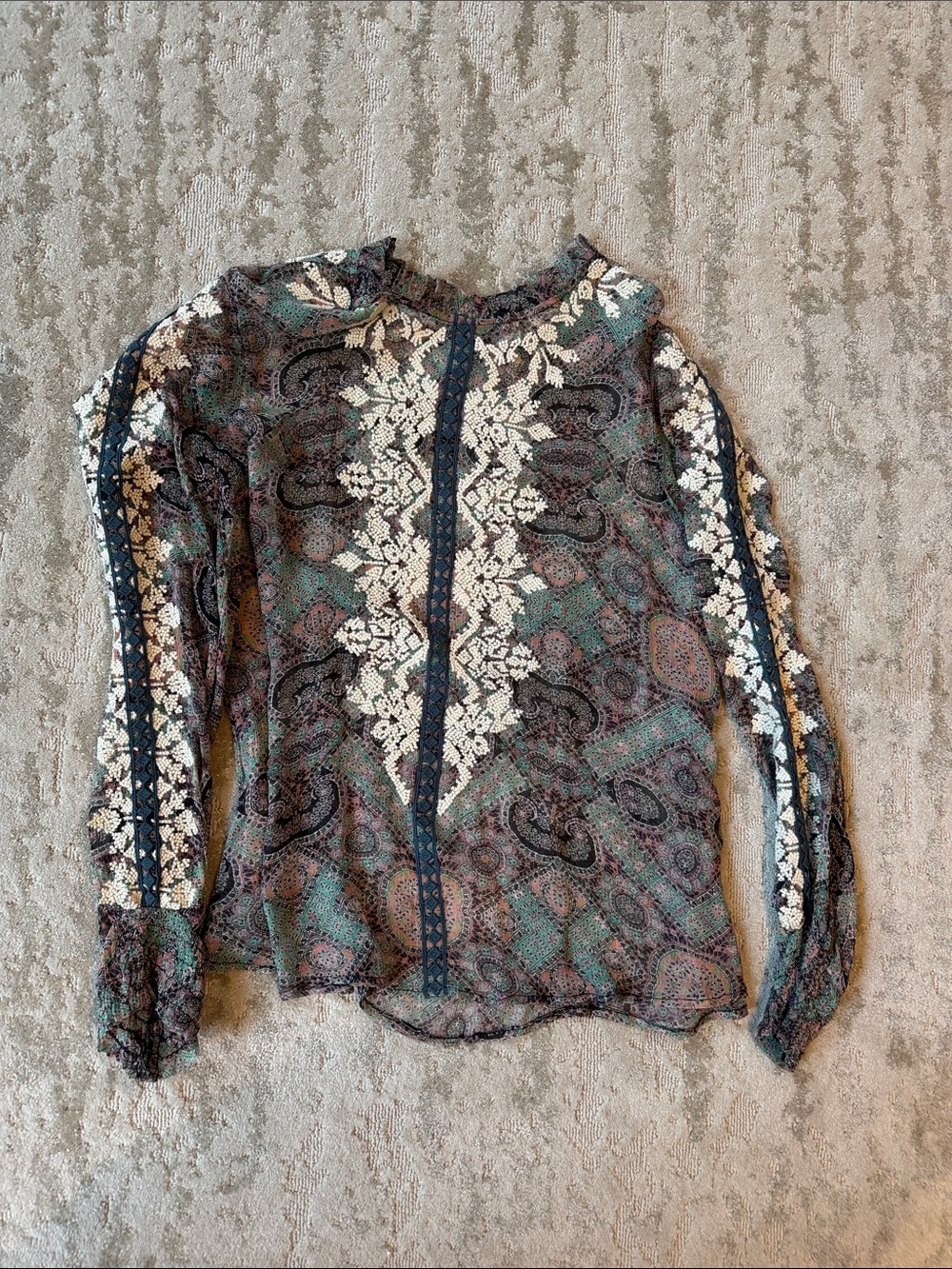 Sundance Sheer Paisley Lace-Trim Blouse in Green and Black with Cream Lace
